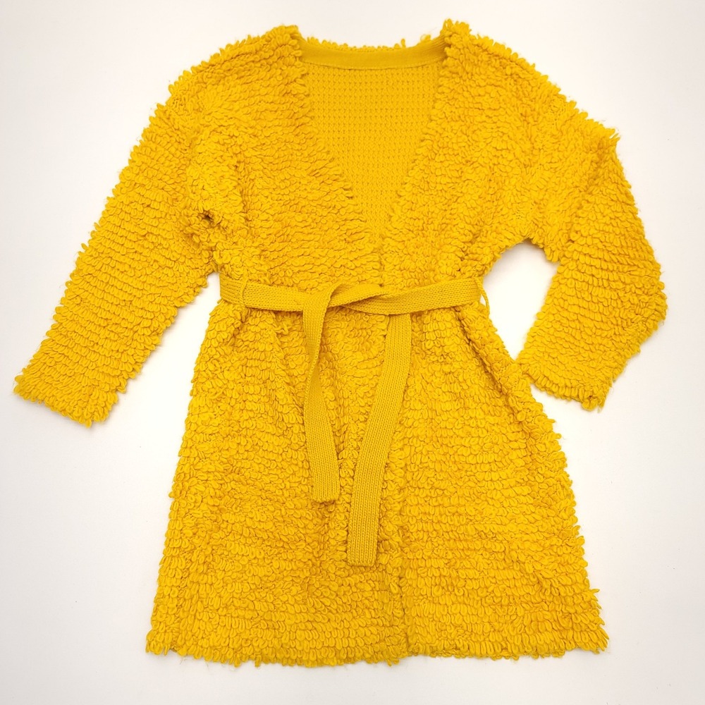 Vintage Yellow Cardigan Sweater Soft Textured Kniited Belt Boho READ